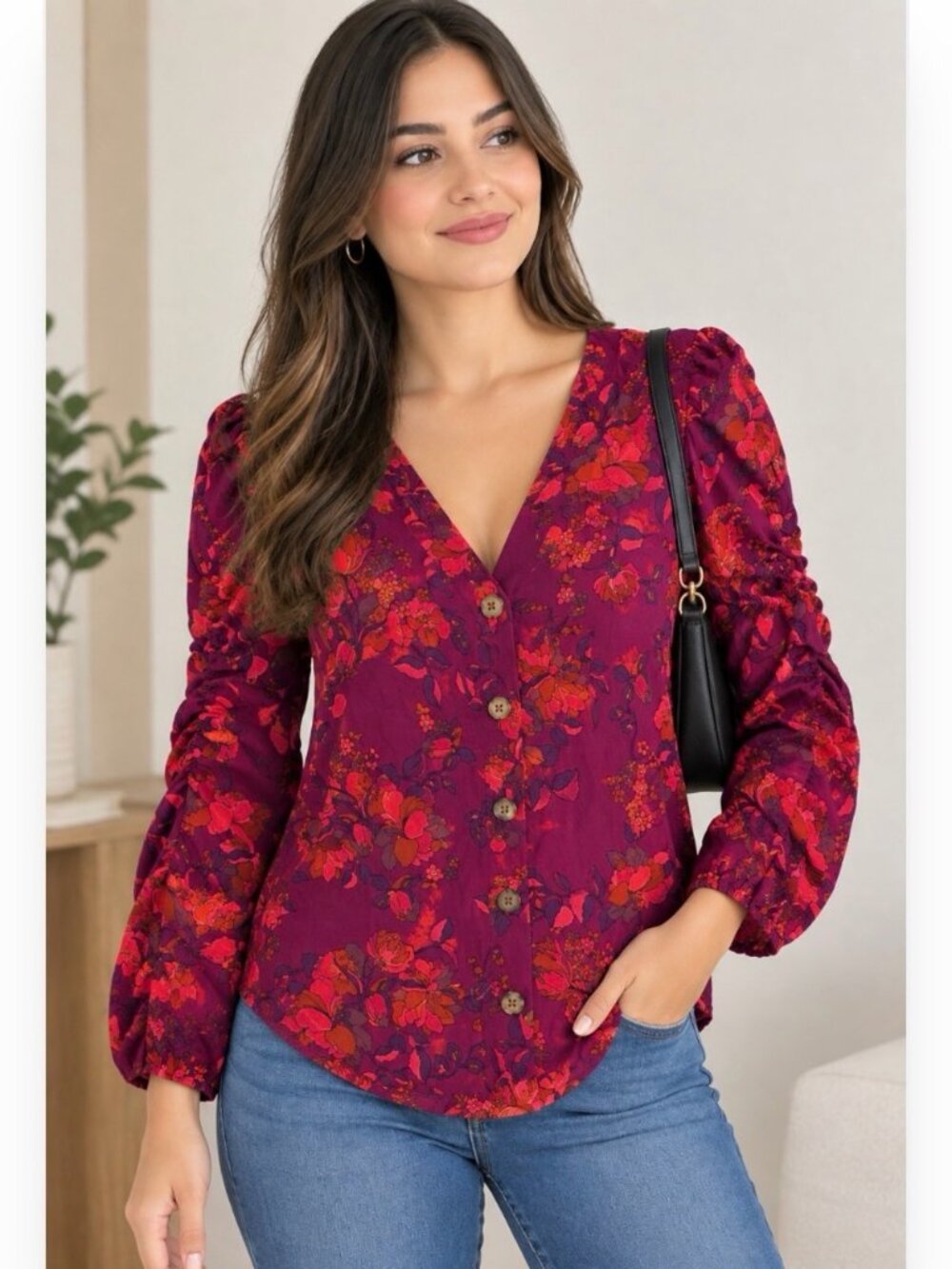 Maeve by Anthropologie Floral Ruched-Sleeve Blouse – Size Medium